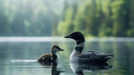 Obraz premium Tranquil Scene of a Loon and Chick Floating on a Serene Lake with Forest Background