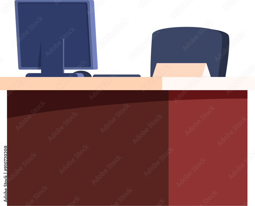 Poster modern reception desk with computer showing blank screen for customer service