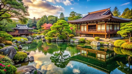 Beautiful vintage Japanese landscape with traditional architecture, lush gardens, and serene water features, Japanese