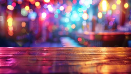Wooden Tabletop with Blurred Colorful Lights in Background