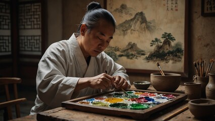 Fototapeta premium An ancient Chinese painter working on a landscape painting, surrounded by brushes and paints.