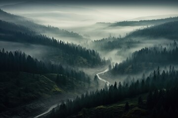 Dark forrest landscape fog outdoors nature.