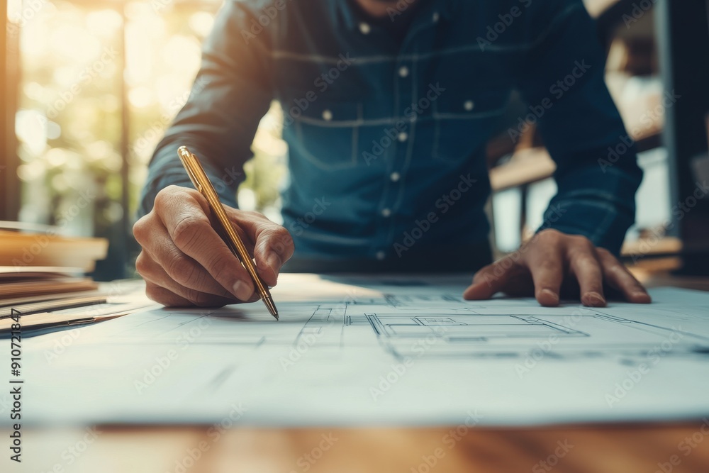 Poster architect working on blueprints and technical drawings at a desk