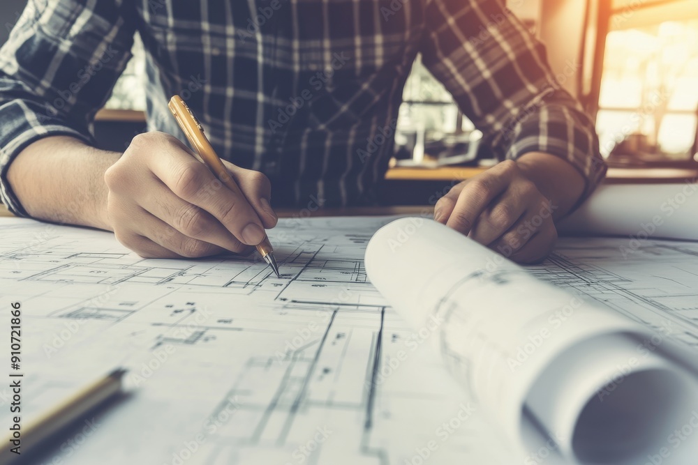 Aufkleber architect working on blueprints and technical drawings at a desk