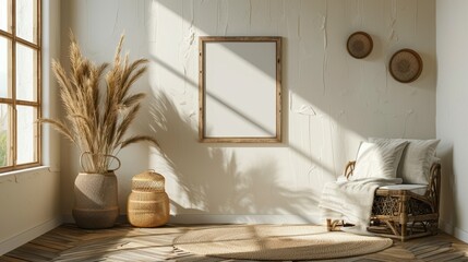 Cozy Minimalist Living Room Interior with Natural Light and Boho Decor Elements