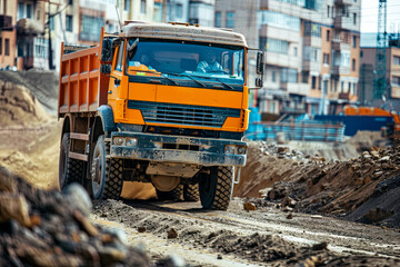 Fototapeta premium Heavy-duty truck driving at a construction site