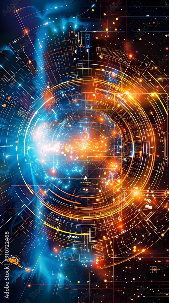 Poster abstract technology background with glowing lines and circles.