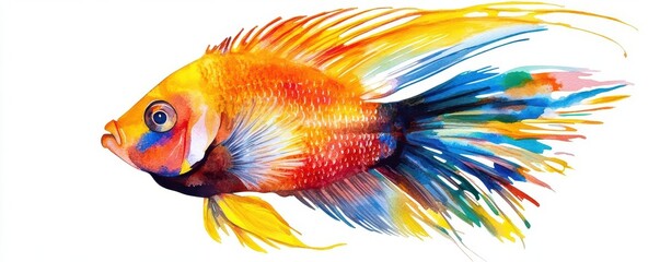 Fototapeta premium A colorful tropical fish, pet scene, watercolor style, bright hues, isolated on white background