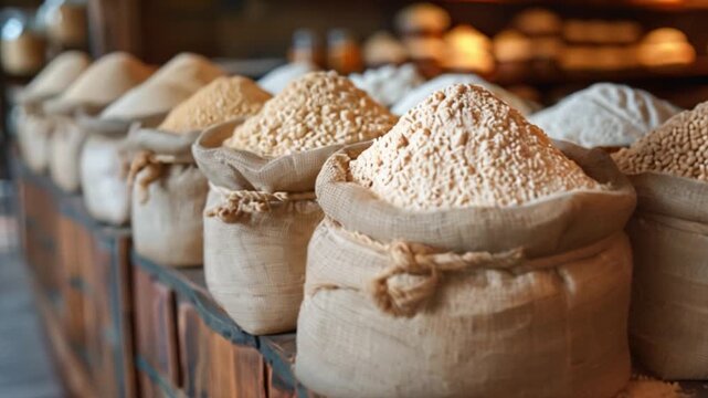 This Burlap sacks filled with various grains and flours are arranged attractively.