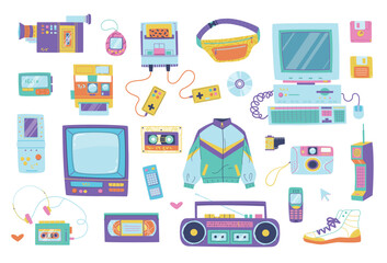 Set of objects from the 1980s 1990s. Record player, cassette player, computer, mobile phone, camera, game console, pager, tamagotchi, TV, cassette, disc, diskette, waist bag, windbreaker, sneaker