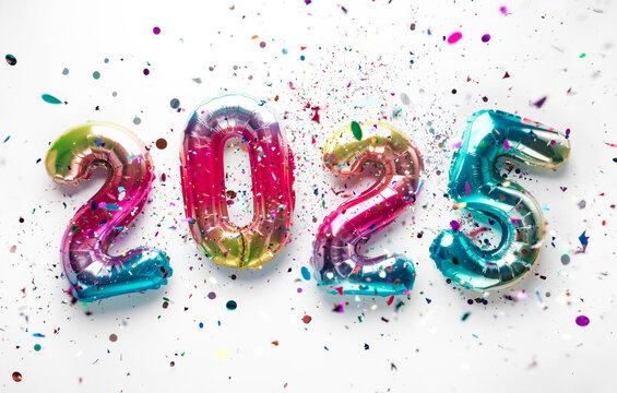 Happy new year 2025 balloons with colorful confetti - Powered by Adobe