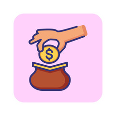 Small cash purse line icon. Hand putting dollar coin into wallet. Finance concept. Can be used for topics like payment, change, shopping