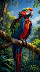 Colorful macaw parrot in the jungle. macaw parrot with colorful plumage and a long tail sitting on the tree branch. colorful parrot in the rain forest, wildlife and nature concept