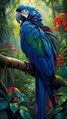 Fototapeta premium Colorful macaw parrot in the jungle. macaw parrot with colorful plumage and a long tail sitting on the tree branch. colorful parrot in the rain forest, wildlife and nature concept