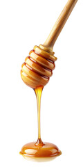 Honey falling off honey dipper isolated on white background. Generative AI. 