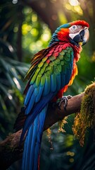 Obraz premium Colorful macaw parrot in the jungle. macaw parrot with colorful plumage and a long tail sitting on the tree branch. colorful parrot in the rain forest, wildlife and nature concept