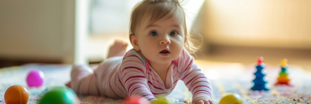 An adorable baby wearing a striped onesie is lying on the floor and looking intensely at colorful toys in a well-lit room.