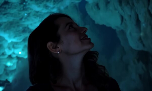 Lifestyle portrait video of a grinning woman in her 40s that is with the family at the Waitomo Glowworm Caves in Waikato New Zealand