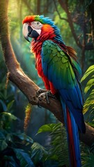 Obraz premium Colorful macaw parrot in the jungle. macaw parrot with colorful plumage and a long tail sitting on the tree branch. colorful parrot in the rain forest, wildlife and nature concept