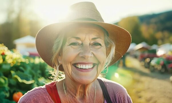 Close-up portrait video of a grinning woman in her 50s wearing a cool cap or hat against a farm market or harvest background