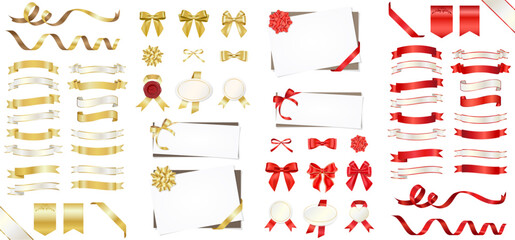 金と赤のリボンセット（見出し　フレーム　りぼん　バナー　タイトル）	
