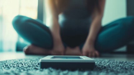 Woman Sitting on Floor with a Scale in the Foreground