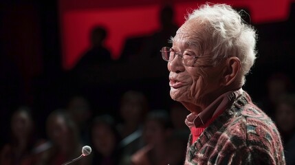 A senior giving a TED talk, sharing insightful life lessons and inspiring a wide audience