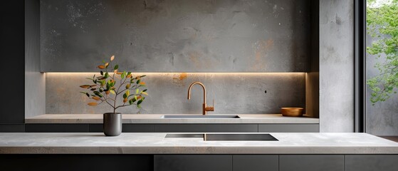 Serene Minimalist Kitchen with White Counter and Plant, Clean Uncluttered Design in High Definition