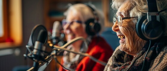 Senior citizens hosting a podcast that explores history through their personal stories and experiences