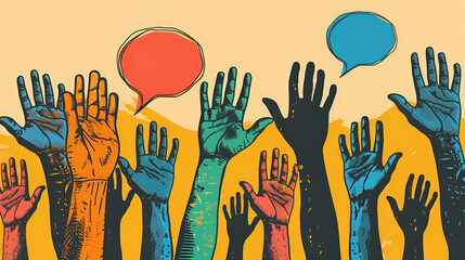 Diverse Hands with Speech Bubbles on yellow background.