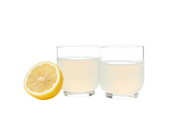 PNG, Half of lemon and glasses with limoncello, isolated on white background