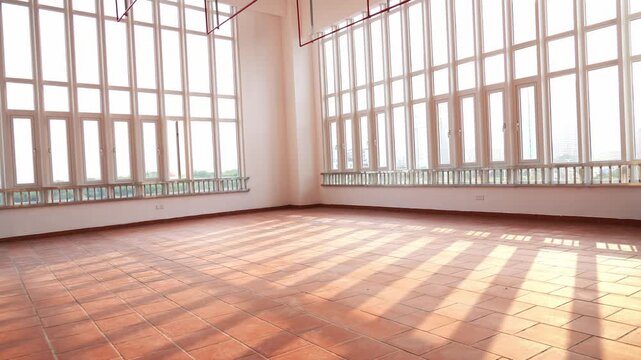 Interior view of modern empty office with sunlight and window shadow