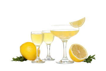 PNG, Lemons and cocktail glasses with limoncello, isolated on white background