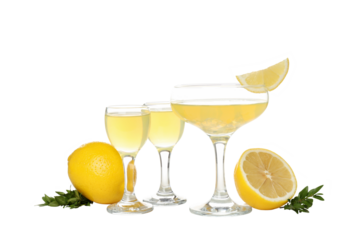 PNG, Lemons and cocktail glasses with limoncello, isolated on white background