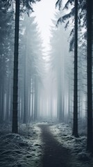 Fototapeta premium Winter forest fog outdoors woodland.