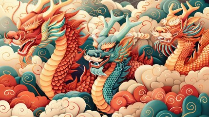 Detailed vector illustration of Chinese zodiac animals for New Year 2025, vector style.