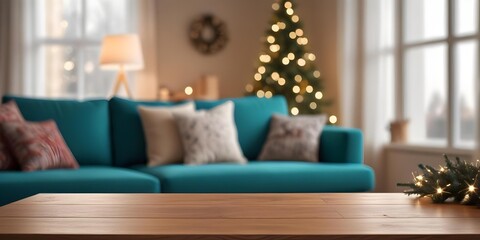 A wooden table in the foreground with a blurred living room scene in the background, including a teal sofa and Christmas lights