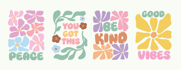 Good vibes Retro botanical with words and quotes background art vector set. Flower and leaves abstract shape doodle art design for T-shirt, poster, fabric, packaging, print, screen, sticker.