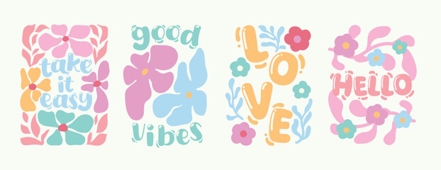 Good vibes Retro botanical with words and quotes background art vector set. Flower and leaves abstract shape doodle art design for T-shirt, poster, fabric, packaging, print, screen, sticker.