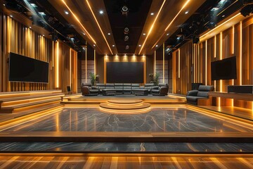 Modern Stage Design with Wooden Accents and LED Lighting