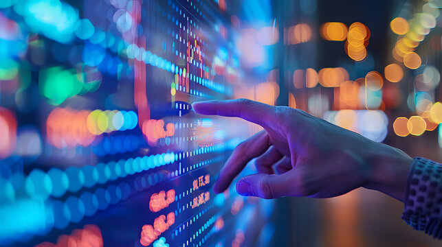 Hand with a virtual stock market display