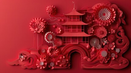 Intricate paper cut art of Chinese New Year 2025 fireworks over a temple.