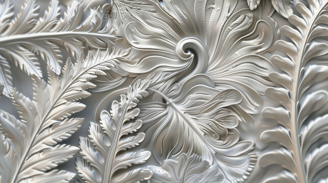 Abstract background featuring intricate silver fern patterns arranged according to the golden ratio, showcasing delicate fronds and diverse structures.