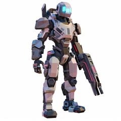 Naklejka premium D Render, Low Poly style of dystopian NPC with a futuristic energy weapon and an armored suit, on isolated white background