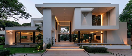 Elegant Grand Doorway and Minimalist Landscaping in a Contemporary Luxury Home