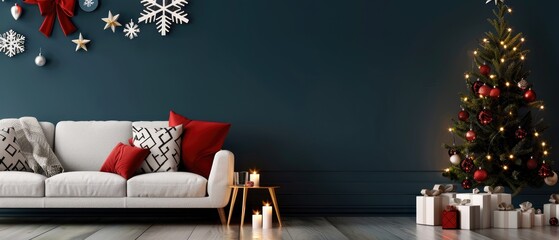 Minimalist Christmas 2025 wallpaper with copyspace and a cozy fireplace, vector style.