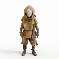 Fototapeta premium 3D Render, Low Poly style of dystopian NPC with a makeshift helmet and a grimy, worn outfit, on isolated white background