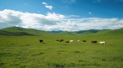 Cows Grazing on Lush Green Meadow with Rolling Hills and Blue Sky