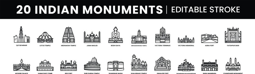 Famous Indian Landmarks & Monuments like Qutub Minar, Lotus Temple, Jama Masjid, Red Fort, Meenakshi Temple, Victoria Memorial, Humayun's Tomb & More Palaces, Temples, and Forts with Editable Strokes