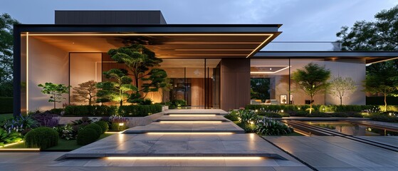 Contemporary Elegance: Grand Doorway and Minimalist Landscaping in Luxurious Home